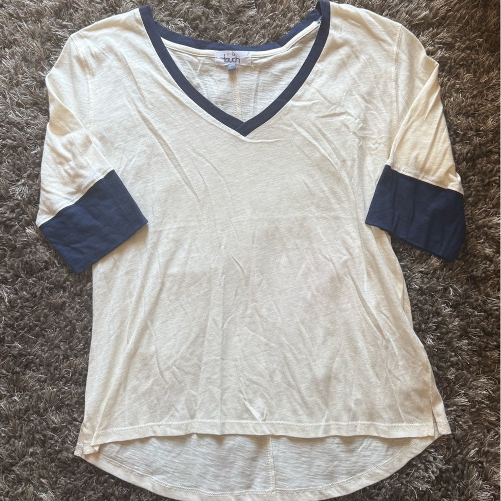 Comfy Cream and Black Raglan v neck high low 3/4 Sleeve Top